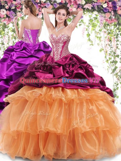 Deluxe Multi-color Sweetheart Lace Up Beading and Ruffled Layers and Pick Ups 15 Quinceanera Dress Brush Train Sleeveless - Click Image to Close