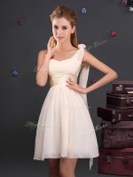 Adorable One Shoulder Ruching and Hand Made Flower Vestidos de Damas Champagne Zipper Sleeveless Mini Length