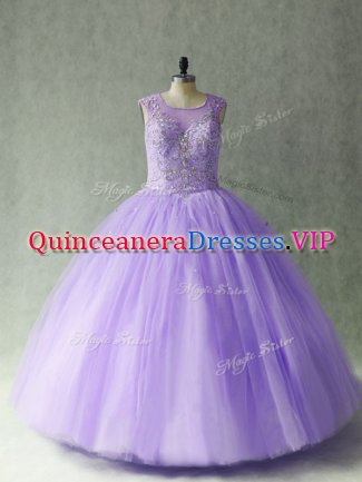 Fitting Lavender Ball Gowns Scoop Sleeveless Tulle Floor Length Lace Up Beading Ball Gown Prom Dress