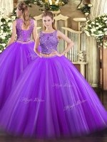 Eggplant Purple Tulle Lace Up Vestidos de Quinceanera Sleeveless Floor Length Beading