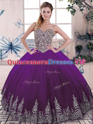 Sumptuous Sleeveless Floor Length Beading and Embroidery Lace Up 15th Birthday Dress with Purple