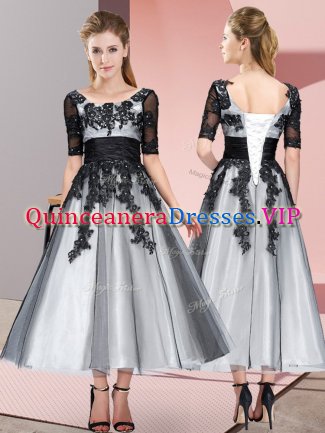 Lovely Grey Lace Up Dama Dress for Quinceanera Beading and Lace Short Sleeves Tea Length