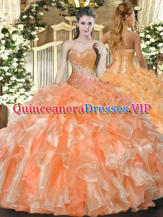 Glorious Orange Red Sweetheart Neckline Beading and Ruffles 15th Birthday Dress Sleeveless Lace Up