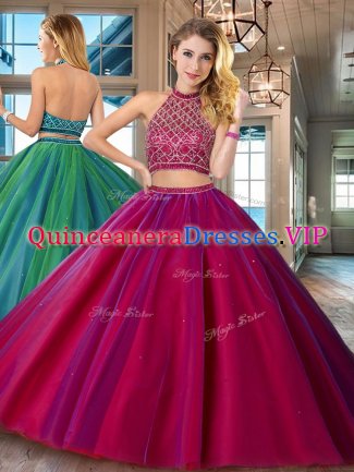 Halter Top Sleeveless Tulle Brush Train Backless Sweet 16 Dresses in Fuchsia with Beading