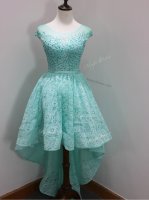 Aqua Blue Lace Zipper Scoop Cap Sleeves High Low Quinceanera Court Dresses Beading and Lace