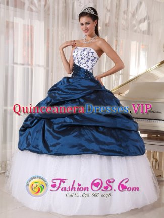 Radcliff Kentucky/KY White and Navy Blue Taffeta and Organza Embroidery Decorate Bust Ball Gown Floor-length Quinceanera Dress For