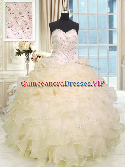 Noble Champagne Organza Lace Up Sweetheart Sleeveless Floor Length Quince Ball Gowns Beading and Ruffles - Click Image to Close