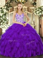 Latest Purple Sleeveless Organza Lace Up Sweet 16 Dress for Sweet 16 and Quinceanera