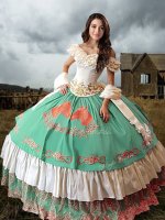 Great Off The Shoulder Sleeveless Quince Ball Gowns Brush Train Embroidery and Ruffled Layers Multi-color Taffeta(SKU XBQD020-10BIZ)