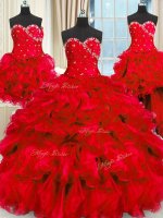 Exquisite Four Piece Red Three Pieces Beading and Ruffles and Ruching Quinceanera Dress Lace Up Organza Sleeveless Floor Length(SKU PSSW0350KC003-5BIZ)