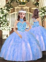 Blue Tulle Lace Up Little Girl Pageant Gowns Sleeveless Floor Length Appliques and Ruffles(SKU PAG1065BIZ)