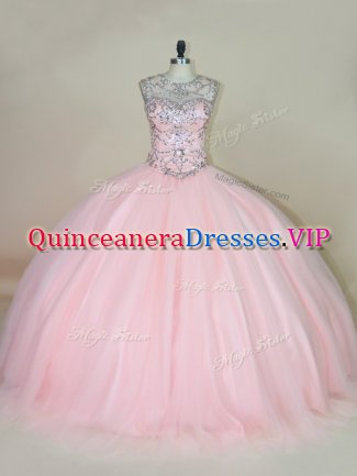 Ball Gowns Sweet 16 Dress Baby Pink Scoop Tulle Sleeveless Lace Up