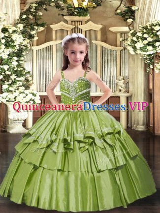 Beautiful Olive Green Sleeveless Floor Length Beading and Ruffled Layers Lace Up Little Girls Pageant Dress