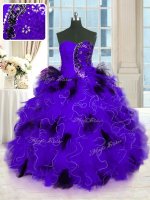 Black And Purple Tulle Lace Up Strapless Sleeveless Floor Length Sweet 16 Dresses Beading and Ruffles