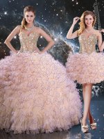 Peach Ball Gowns Organza Sweetheart Sleeveless Beading and Ruffles Floor Length Lace Up Military Ball Gown