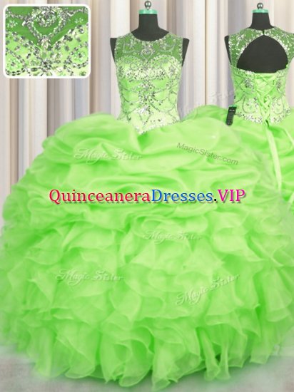 See Through Ball Gowns Beading and Ruffles and Pick Ups Sweet 16 Dress Lace Up Organza Sleeveless Floor Length - Click Image to Close