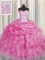 Organza Sweetheart Sleeveless Lace Up Beading and Ruffles Ball Gown Prom Dress in Rose Pink(SKU PSSW0437-8BIZ)