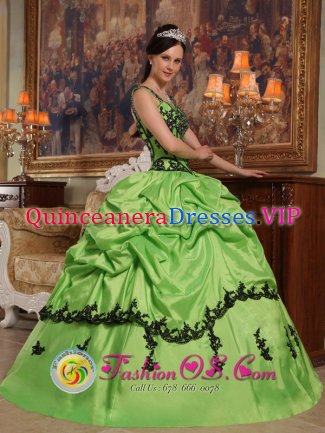 Foster City California Popular Appliques Decorate BodiceSpring Green Quinceanera Dress For Sweet Style Straps Taffeta Ball Gown