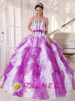 Elegant Embroidery Decorate Up Bodice White and Purple Ruffles Sash With Hand Made Flower Quinceanera Dress For Bergheim Germany