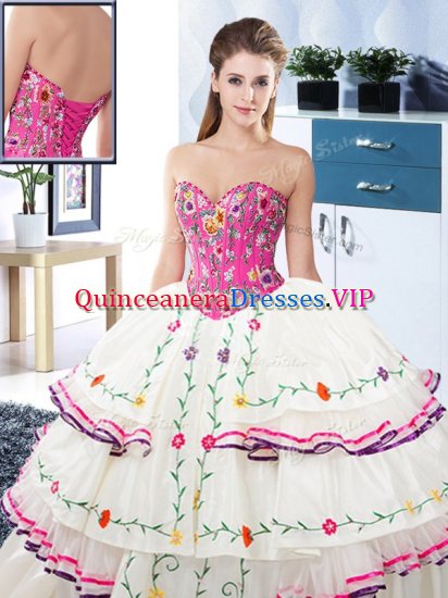 Cheap White Ball Gowns Sweetheart Sleeveless Organza and Taffeta Floor Length Lace Up Embroidery and Ruffled Layers Quinceanera Gown - Click Image to Close