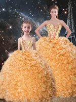 Floor Length Orange 15th Birthday Dress Organza Sleeveless Beading and Ruffles