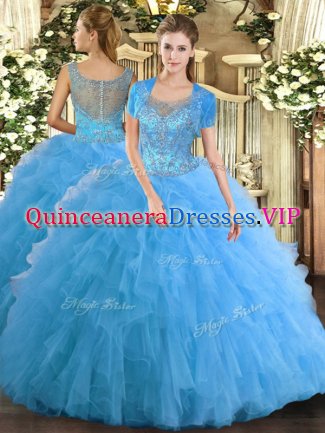 Enchanting Aqua Blue Scoop Clasp Handle Beading and Ruffled Layers 15th Birthday Dress Sleeveless