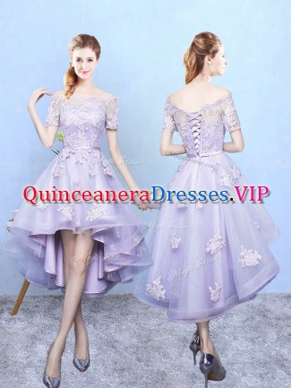 Glittering Lavender Tulle Lace Up Off The Shoulder Short Sleeves High Low Dama Dress Lace