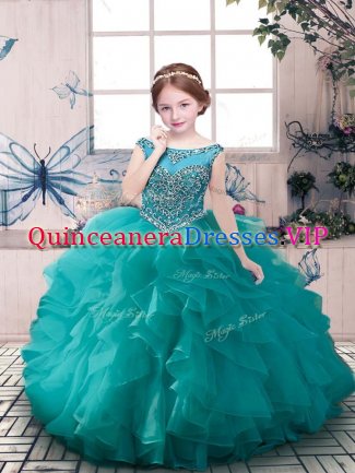 Latest Sleeveless Organza Floor Length Zipper Kids Pageant Dress in Teal with Beading and Ruffles