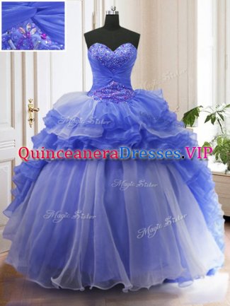 Luxury Blue Organza Lace Up Sweetheart Sleeveless With Train Ball Gown Prom Dress Court Train Beading and Ruffled Layers