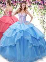 Adorable Baby Blue Organza Lace Up Sweetheart Sleeveless Floor Length Ball Gown Prom Dress Beading and Ruffled Layers