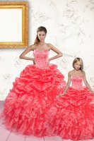 Coral Red Sleeveless Floor Length Beading and Ruffles and Pick Ups Lace Up 15th Birthday Dress