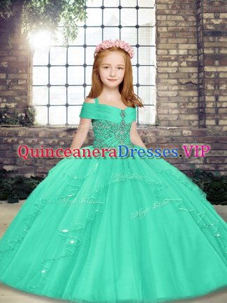 Tulle Straps Sleeveless Lace Up Beading Pageant Gowns For Girls in Aqua Blue