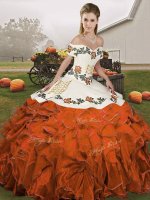 Elegant Off The Shoulder Sleeveless Ball Gown Prom Dress Floor Length Embroidery and Ruffles Rust Red Organza(SKU SJQDDT2145002-9BIZ)