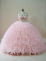 Brush Train Ball Gowns Sweet 16 Dresses Baby Pink Sweetheart Tulle Sleeveless Lace Up