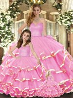 Rose Pink Sleeveless Floor Length Ruffled Layers Lace Up Sweet 16 Dress