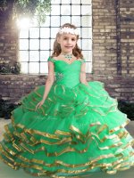 Best Tulle Straps Sleeveless Lace Up Beading and Ruffles Pageant Gowns in Apple Green