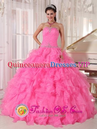 Delta Junction Alaska/AK Strapless Beaded Decorate With Inexpensive Rose Pink Quinceanera Dress Custom Made with Ruffles Ball Gown