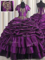 Pick Ups Purple Sleeveless Taffeta Brush Train Lace Up Sweet 16 Dress for Military Ball and Sweet 16 and Quinceanera