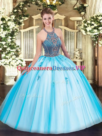 Elegant Aqua Blue Sleeveless Tulle Lace Up Military Ball Dresses For Women for Sweet 16 and Quinceanera - Click Image to Close