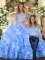 Light Blue Zipper Scoop Lace and Ruffled Layers Ball Gown Prom Dress Organza Sleeveless