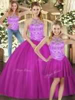 Fuchsia Halter Top Lace Up Beading 15 Quinceanera Dress Sleeveless