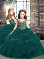 Affordable Peacock Green Ball Gowns Tulle Straps Sleeveless Beading and Ruffles Floor Length Lace Up Little Girls Pageant Dress Wholesale(SKU PAG1254BIZ)