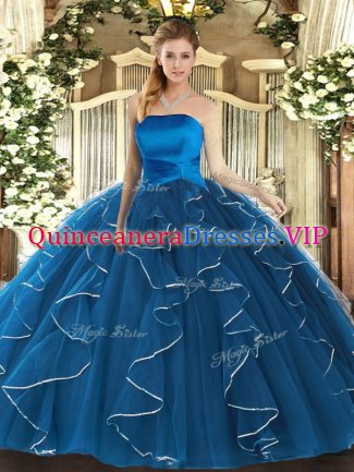 Comfortable Blue Lace Up Strapless Ruffles Quinceanera Gown Tulle Sleeveless