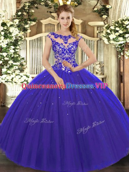 Admirable Royal Blue Cap Sleeves Floor Length Beading and Appliques Lace Up Quinceanera Gown - Click Image to Close