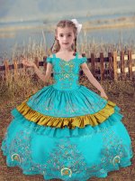 Sleeveless Floor Length Beading and Embroidery Lace Up Kids Formal Wear with Aqua Blue