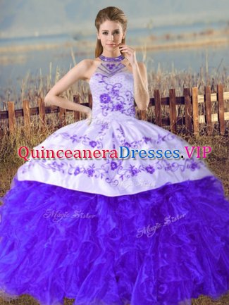 Blue Lace Up Halter Top Embroidery and Ruffles Quinceanera Dresses Organza Sleeveless Court Train