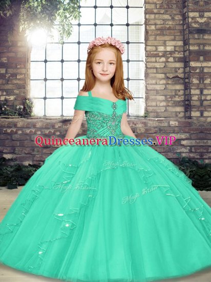 Tulle Straps Sleeveless Lace Up Beading Pageant Gowns For Girls in Aqua Blue - Click Image to Close