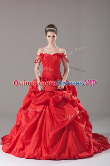 Customized Red Taffeta Lace Up Off The Shoulder Sleeveless Quinceanera Dresses Brush Train Ruching and Pick Ups and Hand Made Flower - Click Image to Close