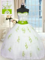 White Ball Gowns Appliques and Belt Quinceanera Dress Lace Up Tulle Sleeveless Floor Length