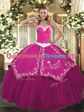 Flare Satin and Tulle Sweetheart Sleeveless Lace Up Appliques and Embroidery Sweet 16 Dress in Fuchsia